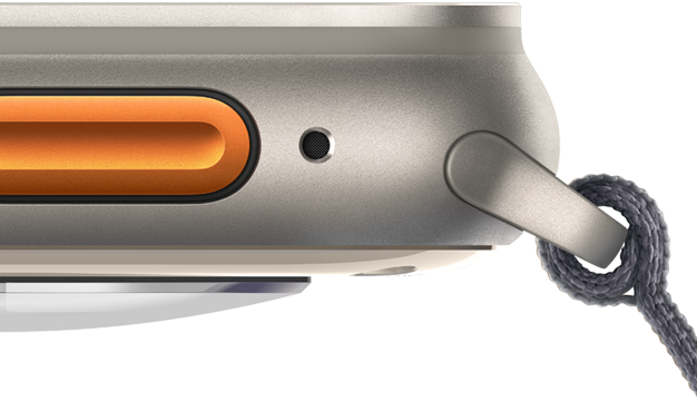 Apple Watch Ultra 2 showing orange Action button and rugged titanium case