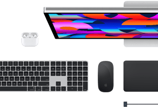 Mac accessories: AirPods, Studio Display, Magic Keyboard, Magic Mouse, Magic Trackpad, MagSafe charge cable in Midnight color