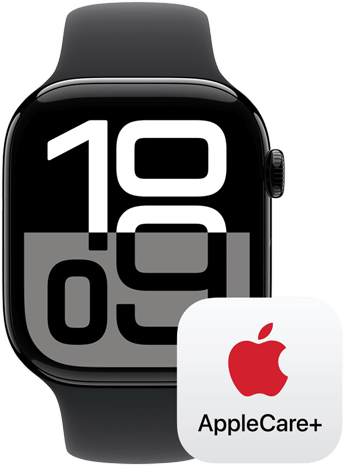 Apple Watch Series 10 next to an AppleCare+ logo, representing AppleCare+ coverage