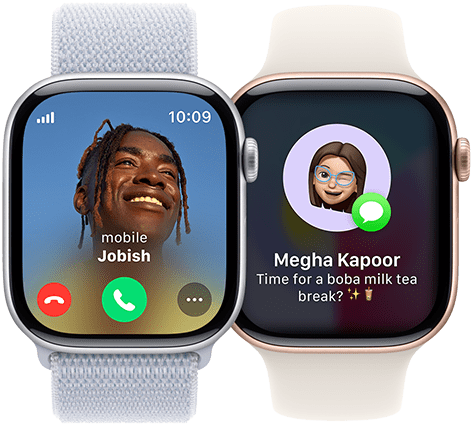 An incoming call on an Apple Watch Series 10 and an incoming text on another Apple Watch Series 10