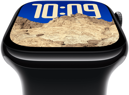 The screen of Apple Watch Series 10 tilting back to emphasize its larger screen area