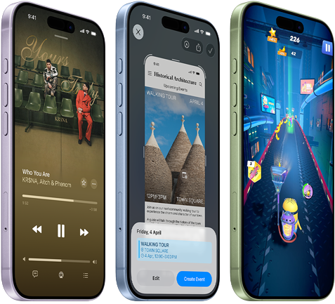 iPhone 17 devices, exterior front, exterior side, demonstrating Apple Music, Visual intelligence, gaming, buttons: Action button, volume