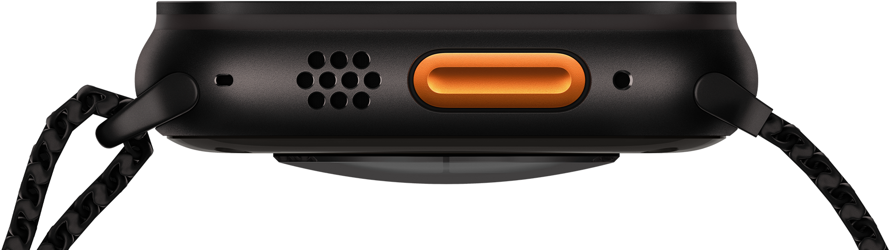 Apple Watch Ultra 3, black color, titanium case, convex sensor on back, left side exterior, Action button, siren