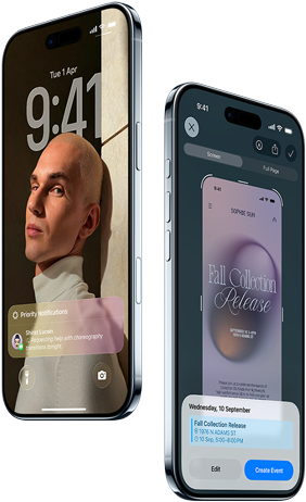 Two iPhone Air devices, front exterior, side exterior, thin profile, Lock Screen, visual intelligence feature in use