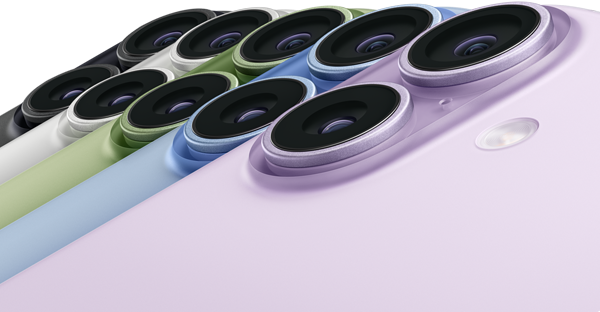 iPhone 17, exterior rear, Fusion dual-camera system, all five colors overlapping: Black, White, Sage, Mist Blue, and Lavender