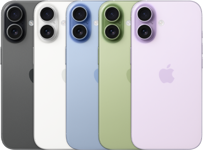 iPhone 17, exterior rear, Fusion dual-camera system, all five colors overlapping: Black, White, Sage, Mist Blue, and Lavender