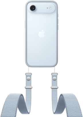 iPhone Air, back exterior, Sky Blue color, Fusion camera system near top, centered Apple logo, Crossbody Strap with Bumper in light gray color attached