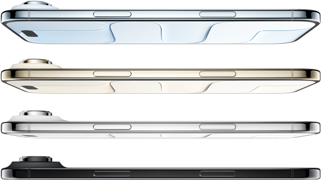 iPhone Air, side exterior, all four finishes, Sky Blue, Light Gold, Cloud White, Space Black, very thin profile, Fusion camera system, buttons: side, Camera Control