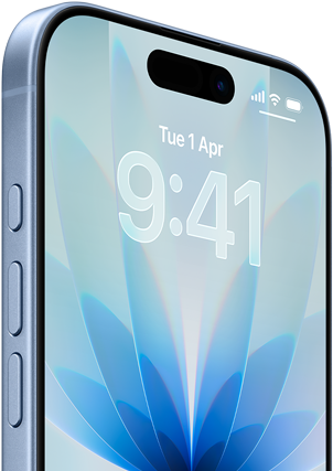 iPhone 17, exterior front, Blue Mist color, Dynamic island centered, buttons: action button, volume