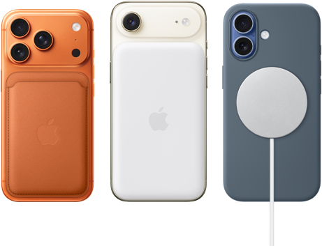 iPhone 17 Pro, back exterior, Cosmic Orange color, with Silicone Case in Sienna color and FineWoven Wallet with MagSafe in Fox Orange color; iPhone Air, back exterior, Cloud White color, with Magsafe Battery; iPhone 17, back exterior, Mist Blue color, with Silicone Case in Anchor Blue color and MagSafe Charger
