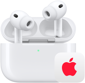 AirPods Pro 3, left and right wireless headphones in MagSafe Charging Case, Apple logo