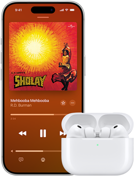 AirPods Pro 3 in MagSafe Charging Case, iPhone 17 Pro, Apple Music plays Everybody Laughs by David Byrne and Ghost Train Orchestra