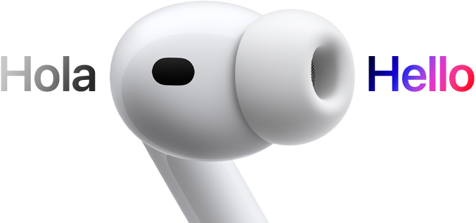 AirPods Pro 3, earbud with silcone tip, Live Translation changes Spanish text hola to English text hello