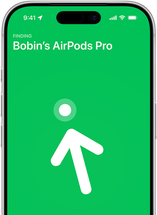 iPhone 17 Pro, Find My with Precision Finding screen, text: Matias's AirPods Pro