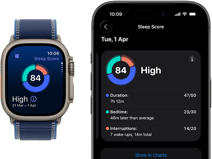 Apple Watch Ultra 3, titanium natural case, sleep score screen, breakdown in circle graph, score in center, band, blue Trail Loop