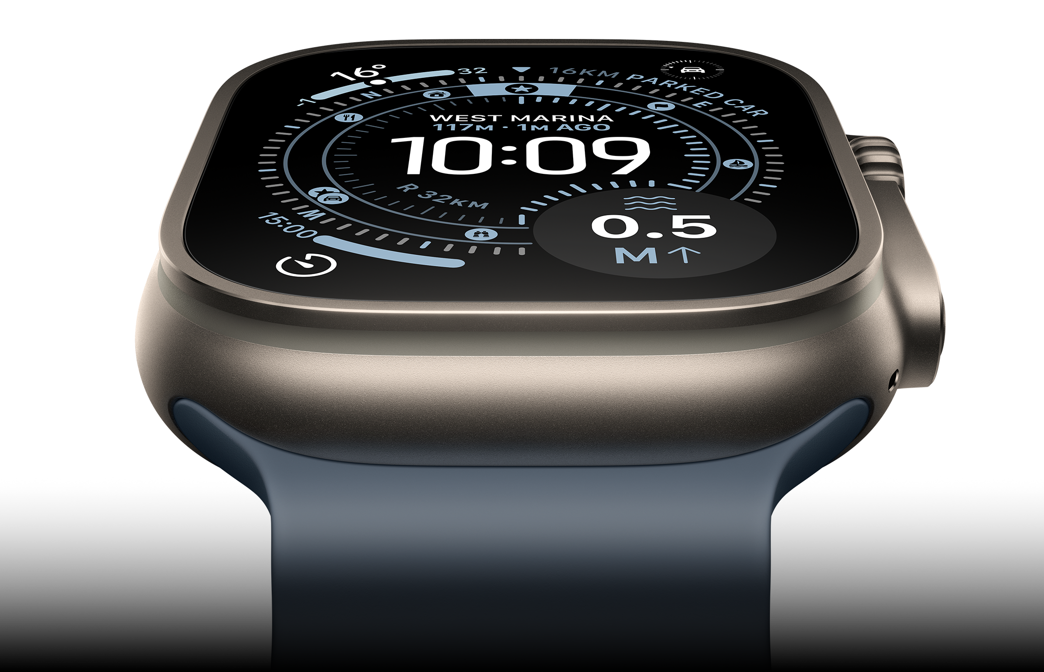 Apple Watch Ultra 3 tilted forward, natural titanium case, compass on Orienteering watch face, anchor blue Ocean Band