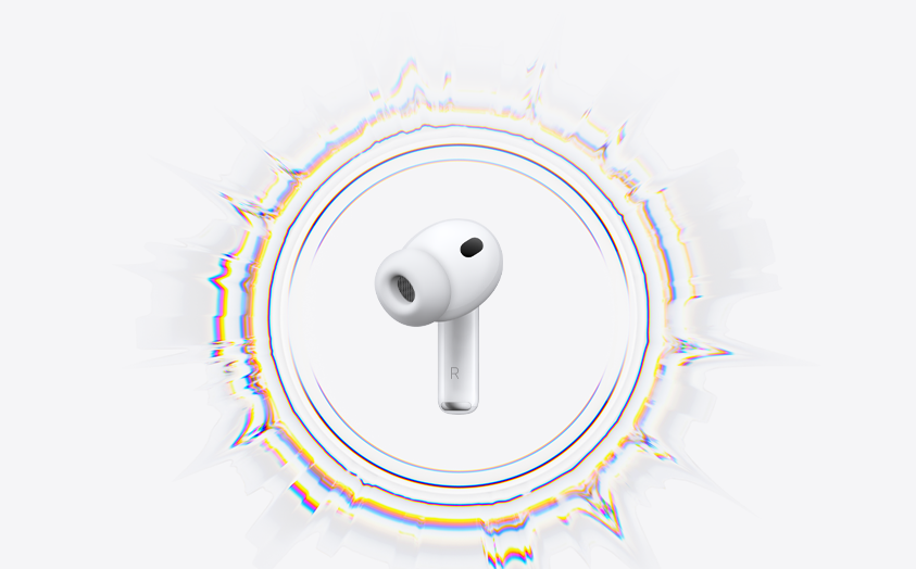 AirPods Pro 3 wireless earbud with silicone tip surrounded by circular sound ripple