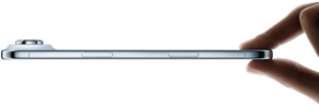A thumb and forefinger holding iPhone Air, side exterior, Sky Blue color, very thin profile