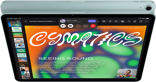 iPad Air, Blue color, top exterior, screen showing Keynote app on screen sharing feature during FaceTime video call, back exterior, 12MP Wide back camera, volume-up button, volume-down button