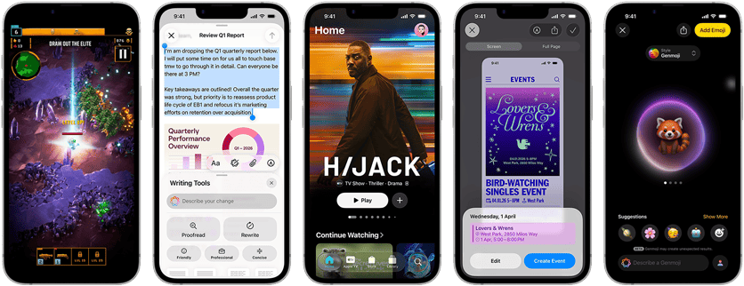 Side-by-side iPhone 17e devices showing different screens: a game being played, Writing Tools, Apple TV app, a calendar event being created, a Genmoji being created