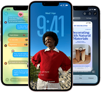 Three iPhone 17e devices, showing Messages app with Liquid Glass design, dynamic Lock Screen, and Visual Intelligence in use