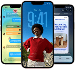 Three iPhone 17e devices, showing Messages app with Liquid Glass design, dynamic Lock Screen, and Visual Intelligence in use