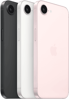 iPhone 17e, side and back exterior, black color, side and back exterior, white color, side and back exterior, soft pink color, Fusion camera at top, side button