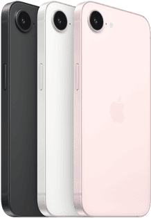 iPhone 17e, side and back exterior, black color, side and back exterior, white color, side and back exterior, soft pink color, Fusion camera at top, side button