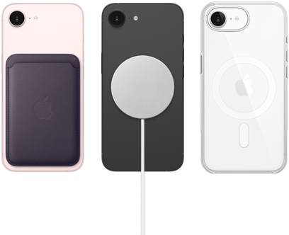 iPhone 17e in soft pink color with FineWoven Wallet in midnight purple color, iPhone 17e in black color and MagSafe Charger, iPhone 17e in white color with Clear Case with MagSafe