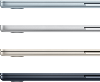 Side exteriors of four MacBook Air laptops, showcasing four different finishes
