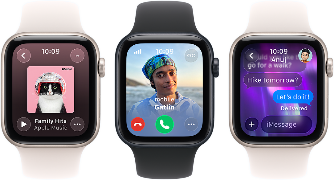 Three Apple Watch SE 3 devices next to each other, one showing the Apple Music app, one showing an incoming phone call, and one showing an iMessage exchange