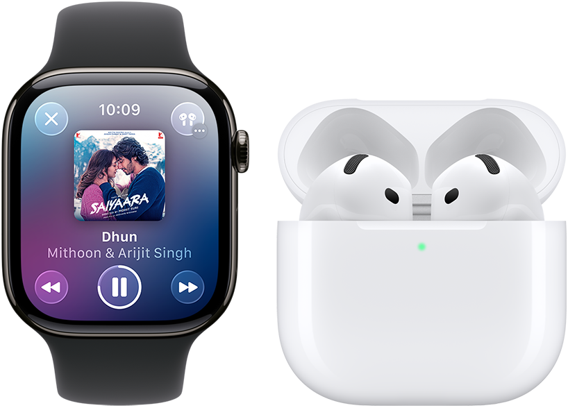 Apple Watch Series 11, titanium slate case, band: black sport band, Apple Music app open, paired with AirPods 4