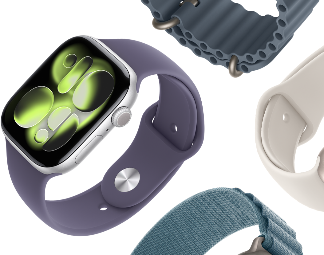 Apple Watch Series 11 bands: purple fog Sport Band, anchor blue Ocean band, starlight Sport Band, light blue Alpine Loop