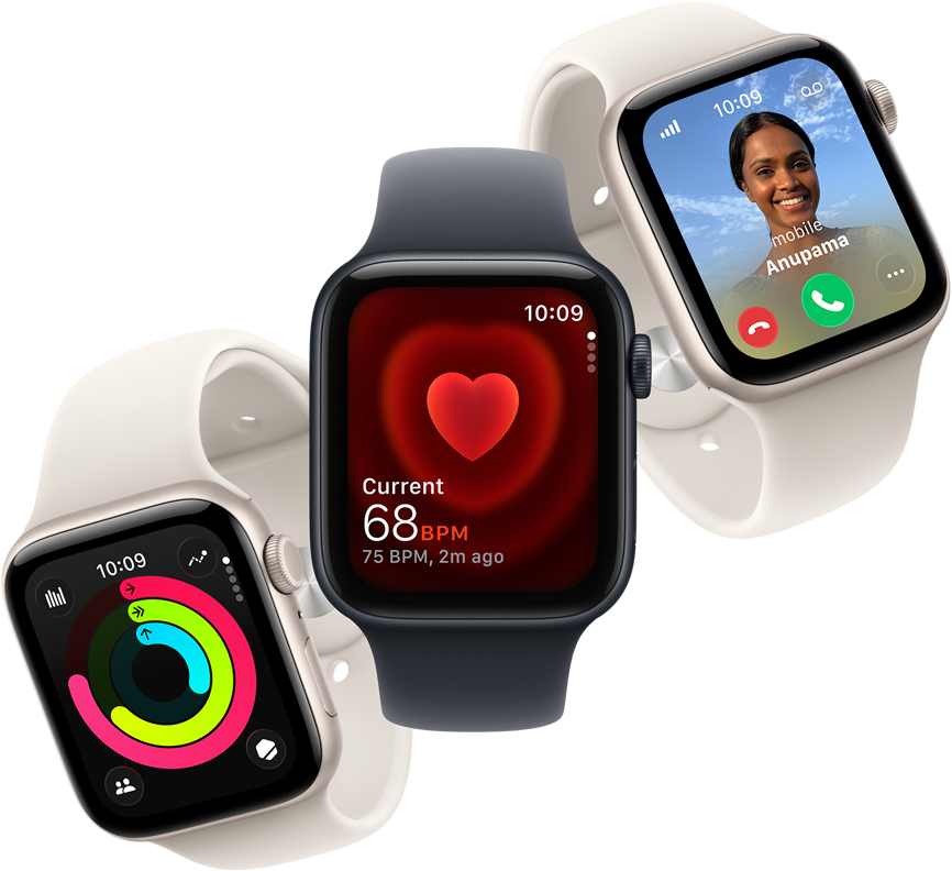 Three Apple Watch SE 3 devices floating next to each other