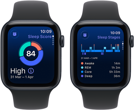 Two Apple Watch SE 3 devices with Midnight aluminum cases showing sleep score and a possible sleep apnea alert on screens