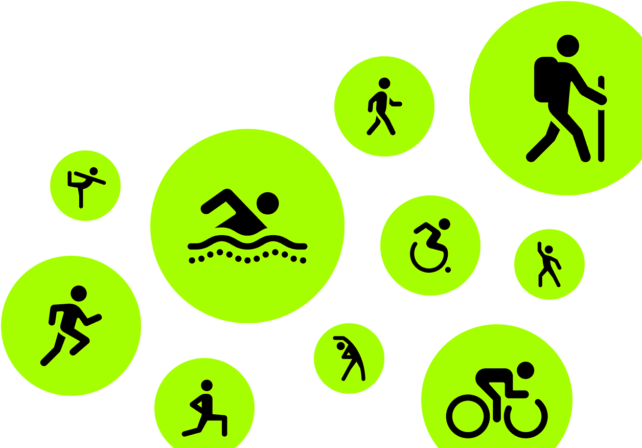 Workout icons, animated stick people running, walking, swimming, using wheelchair, hiking, cycling, lunging, dancing, stretching, and doing yoga