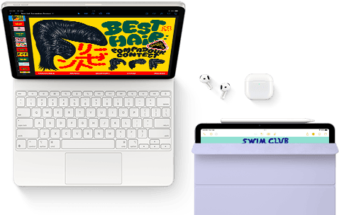 iPad Air attached to Magic Keyboard, with AirPods Pro, Apple Pencil Pro, and Smart Folio accessories