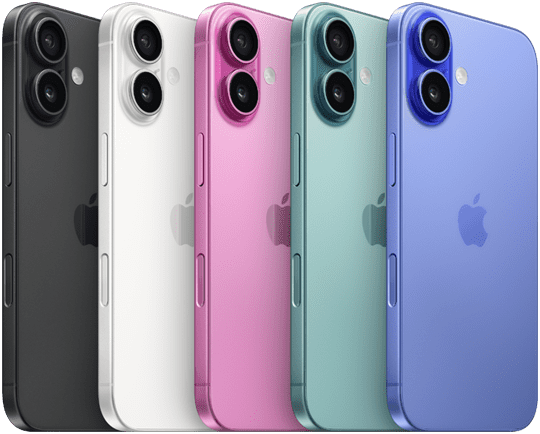 iPhone 16, back exterior, raised Advanced dual-camera system, Apple logo in center, all five finishes, Black, White, Pink, Teal, Ultramarine