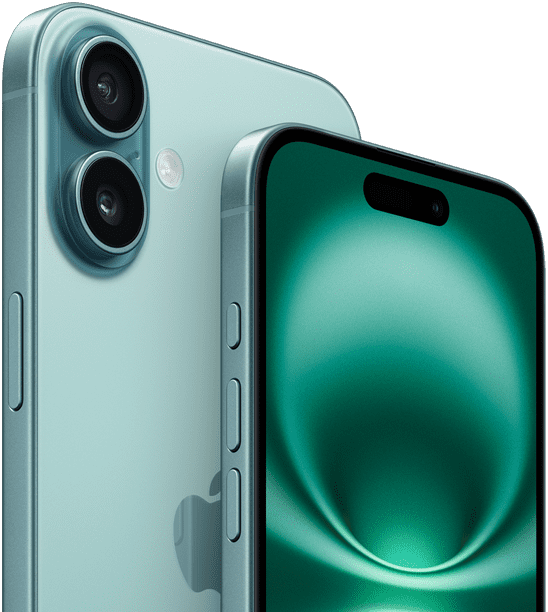 iPhone 16 Plus and iPhone 16, Action button, volume buttons, Side button, and Camera Control, front exterior all-screen design, Dynamic Island centered near top, back exterior, Teal finish, raised Advanced dual-camera system in top left corner, Apple logo in center