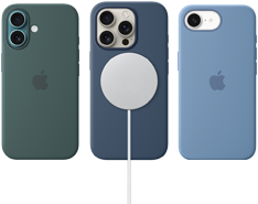 Various iPhone MagSafe accessories. iPhone 16 Silicone Case with MagSafe, Lake Green, iPhone 16 Pro Silicone Case with MagSafe, Denim, connected to MagSafe charger, white, iPhone 16e Silicone Case, Winter Blue