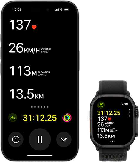 Live Activity showing a person's biking metrics on both their Ultra 2 and their iPhone