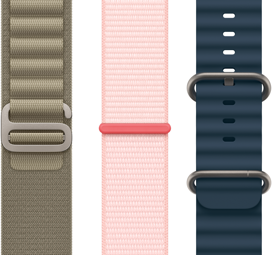 Olive Alpine Loop, Light Pink Sport Loop, and Blue Ocean Band