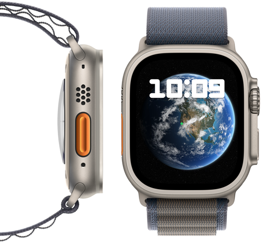 Front and side view of the new carbon neutral Apple Watch Ultra 2