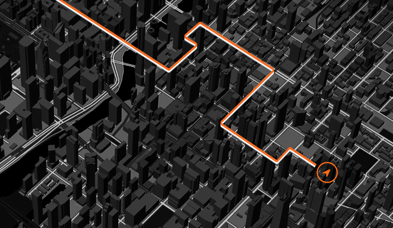 Map showing a highlighted route through a dense city environment, showing precision GPS capabilities