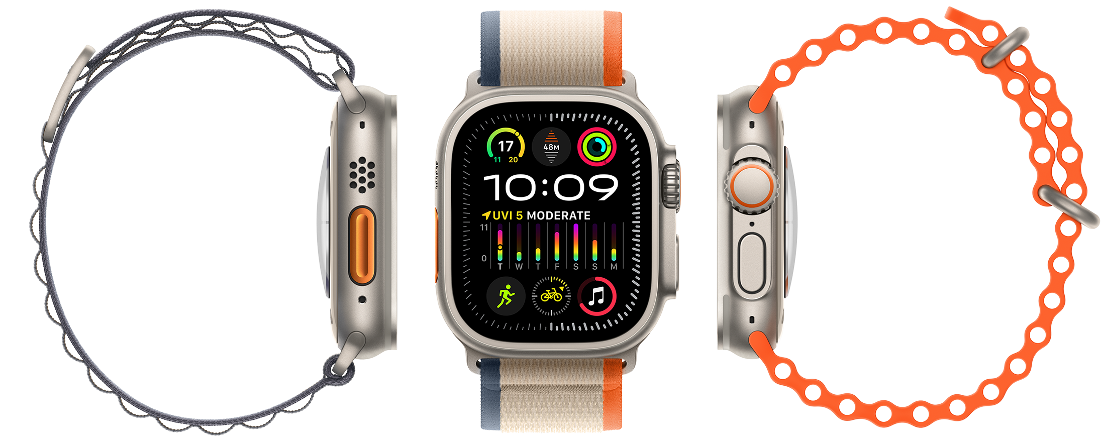 Apple Watch Ultra 2 showing compatibility with three different band types, large display, rugged titanium case, orange action button, and digital crown