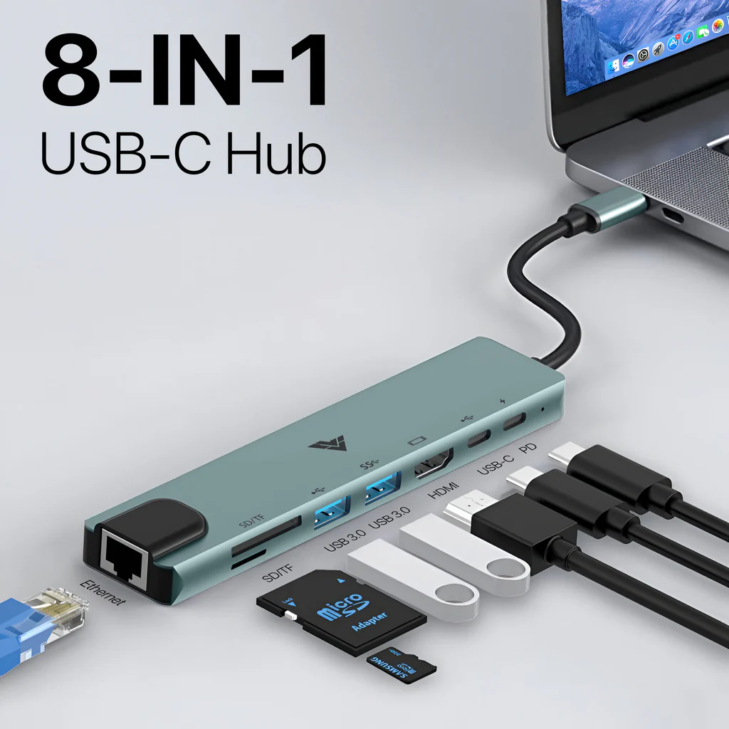 Vaku Luxos OCTOLINK 8IN1 Type-C 100W PD, Ethernet + HDMI 4K Multi-Function Adapter
