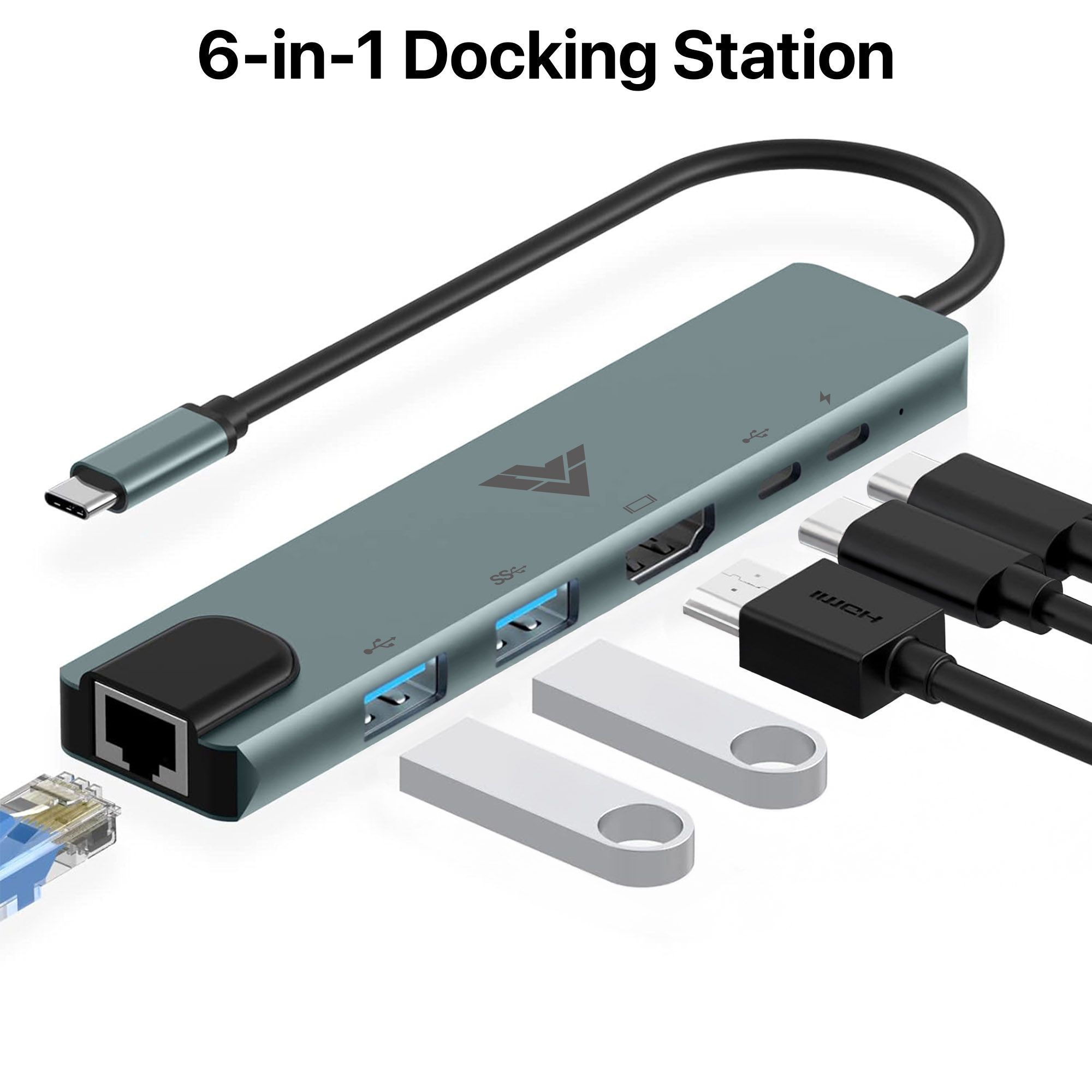 Vaku Luxos HEXTECH 6IN1 Type-C 100W PD, Ethernet + HDMI 4K Multi-Function Adapter