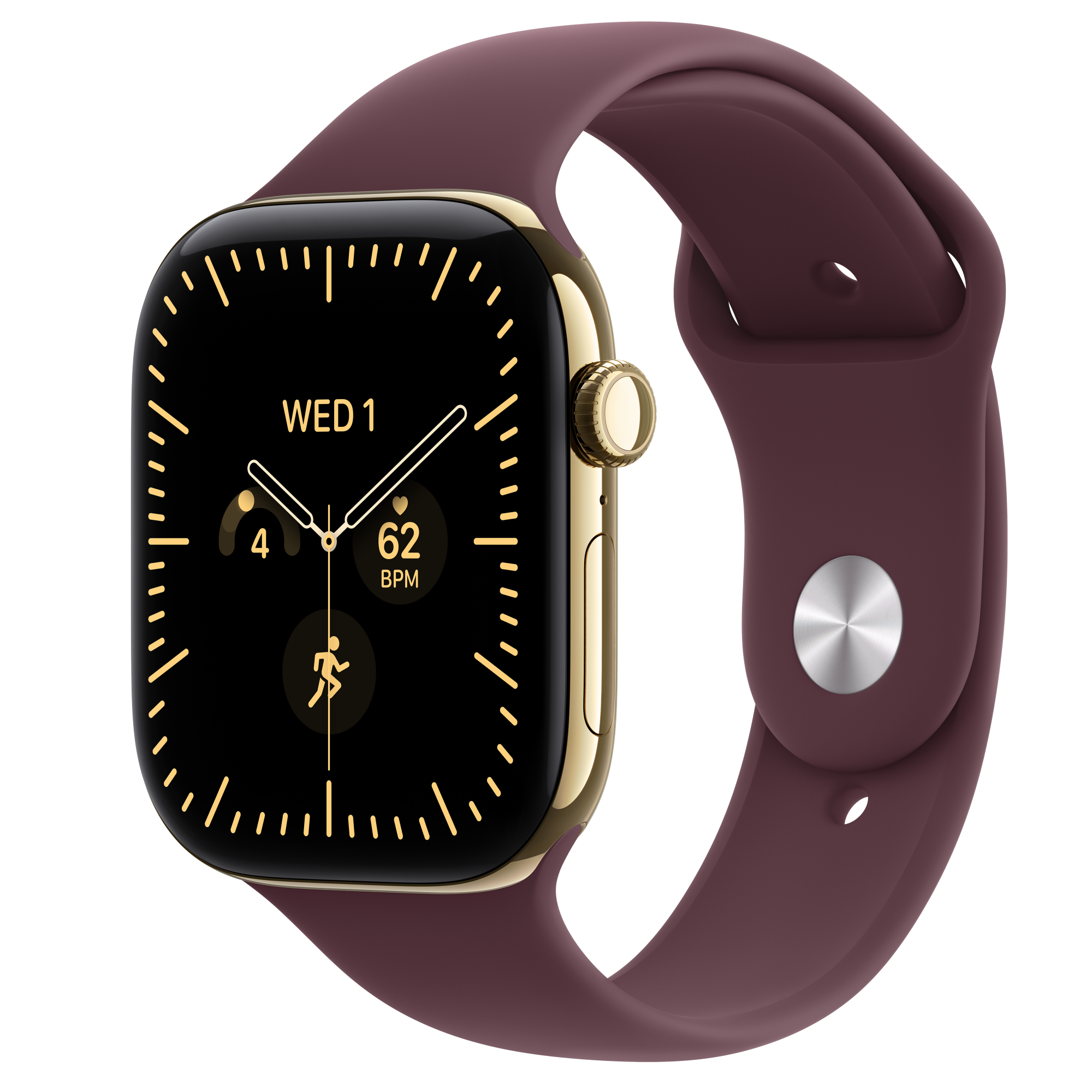 Apple Watch Series 12 - radiant-gold-ceramic, s-m, gpscellular, burgundy-sport-band, 46mm